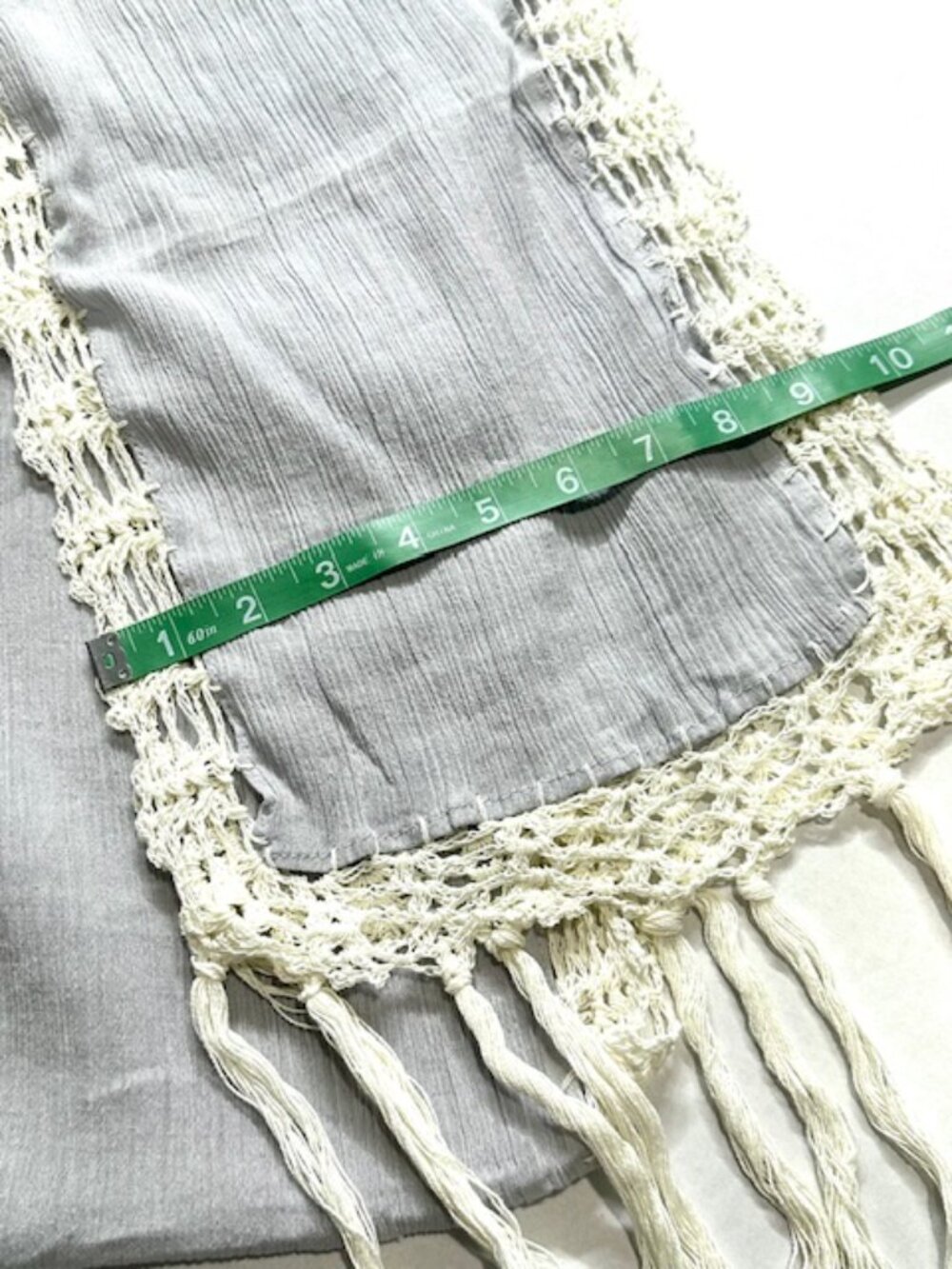Womens Cotton Gauze Knit Scarf Crochet Trim with Tassles Light Blue & White 74" - Picture 6 of 7